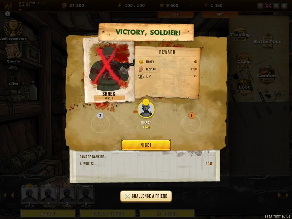 Victory screen after defeating the boss Shnek with rewards